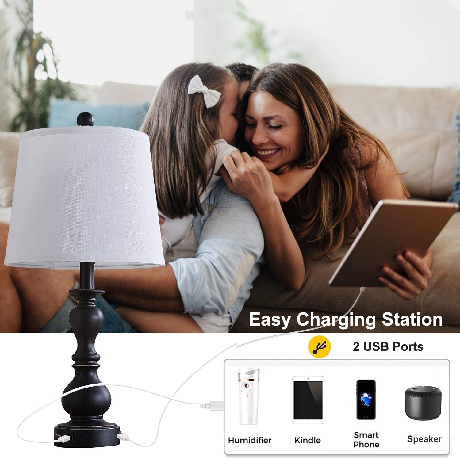 Resin Table Lamp Sets of 2 for Bedroom Living Room Plug in Bedside Nightstand Light Lamps with 2 USB Ports White Fabric Shade, 22In 2-Pack(Black)