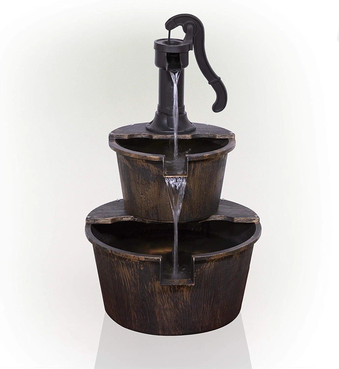 27" Tall 2-Tier Barrel and Pump Waterfall Fountain, Bronze Finish