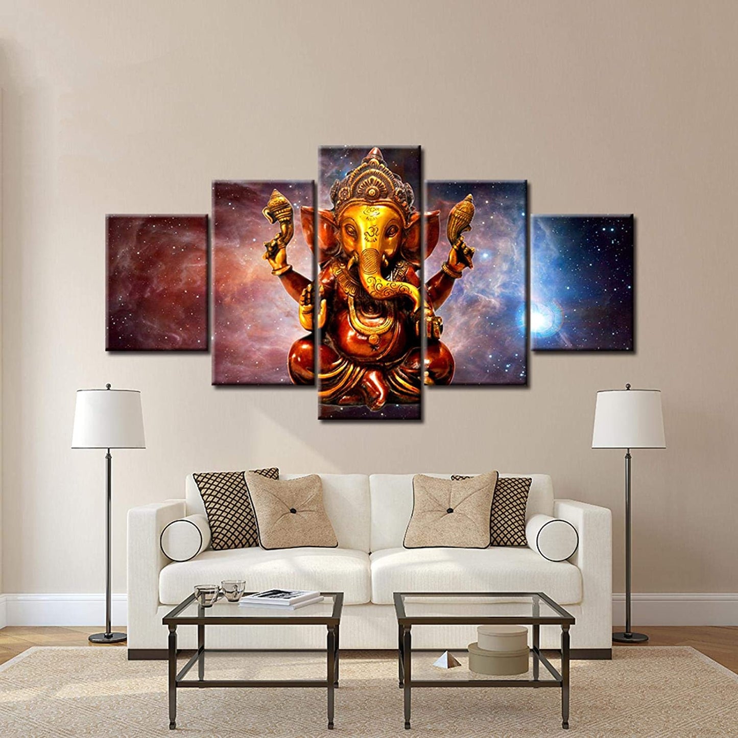 5 Pieces Hindu God Ganesha With Cosmic Planet Canvas Pictures Hd Printed Wall Art for Living Room Decor Buddhism Posters 40x20inch(100x50cm) Framework