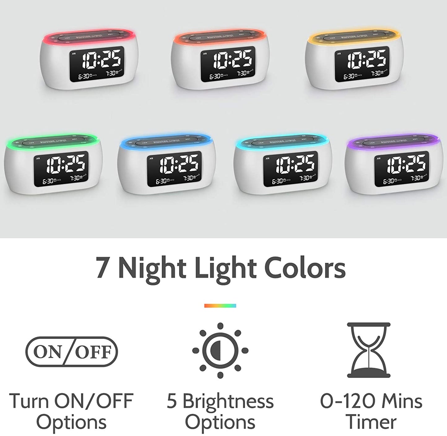 Glow Small Alarm Clock Radio for Bedrooms with 7 Color Night Light, Dual Alarm, Dimmer, USB Charger, Battery Backup, Nap Timer, FM Radio with Auto-Off Timer for Bedside（White）
