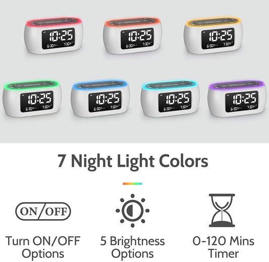 Glow Small Alarm Clock Radio for Bedrooms with 7 Color Night Light, Dual Alarm, Dimmer, USB Charger, Battery Backup, Nap Timer, FM Radio with Auto-Off Timer for Bedside（White）