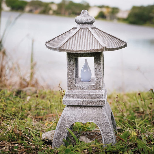 Pagoda Garden Statue, Solar Powered Statue Japanese Garden Decor, Outdoor Zen Garden Lantern, Flickering LED Garden Light (Tranquil Pagoda)