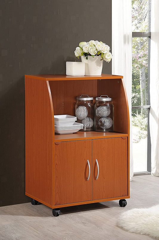Mini Microwave Cart with Two Doors and Shelf for Storage, Cherry