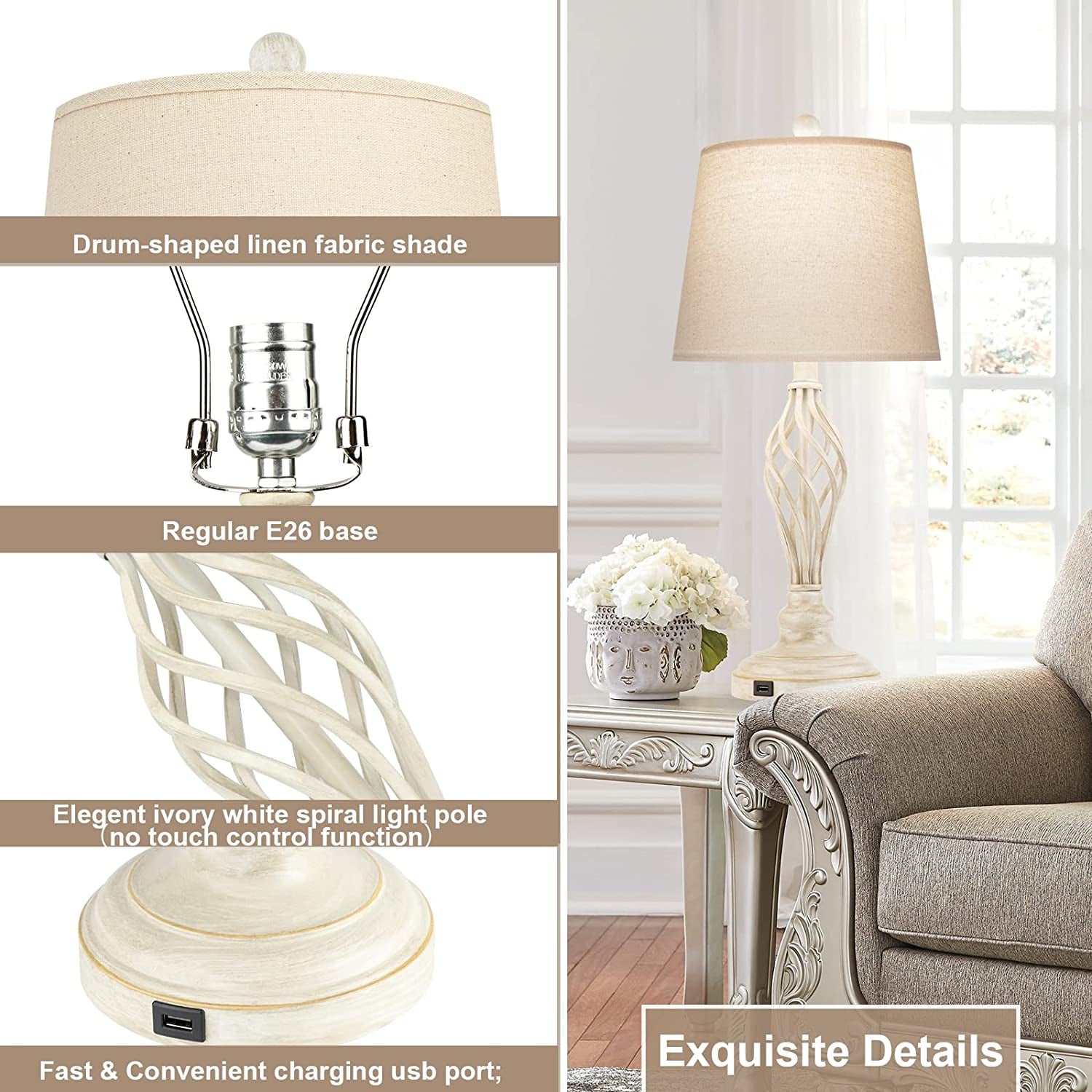 Table Lamps Bedside Lamp Set of 2,  Traditional Rustic Farmhouse Touch Lamps 3-Way Dimmable Retro Nightstand Lamps with USB Port Ivory Spiral Cage Design Base Drum Shade for Bedroom