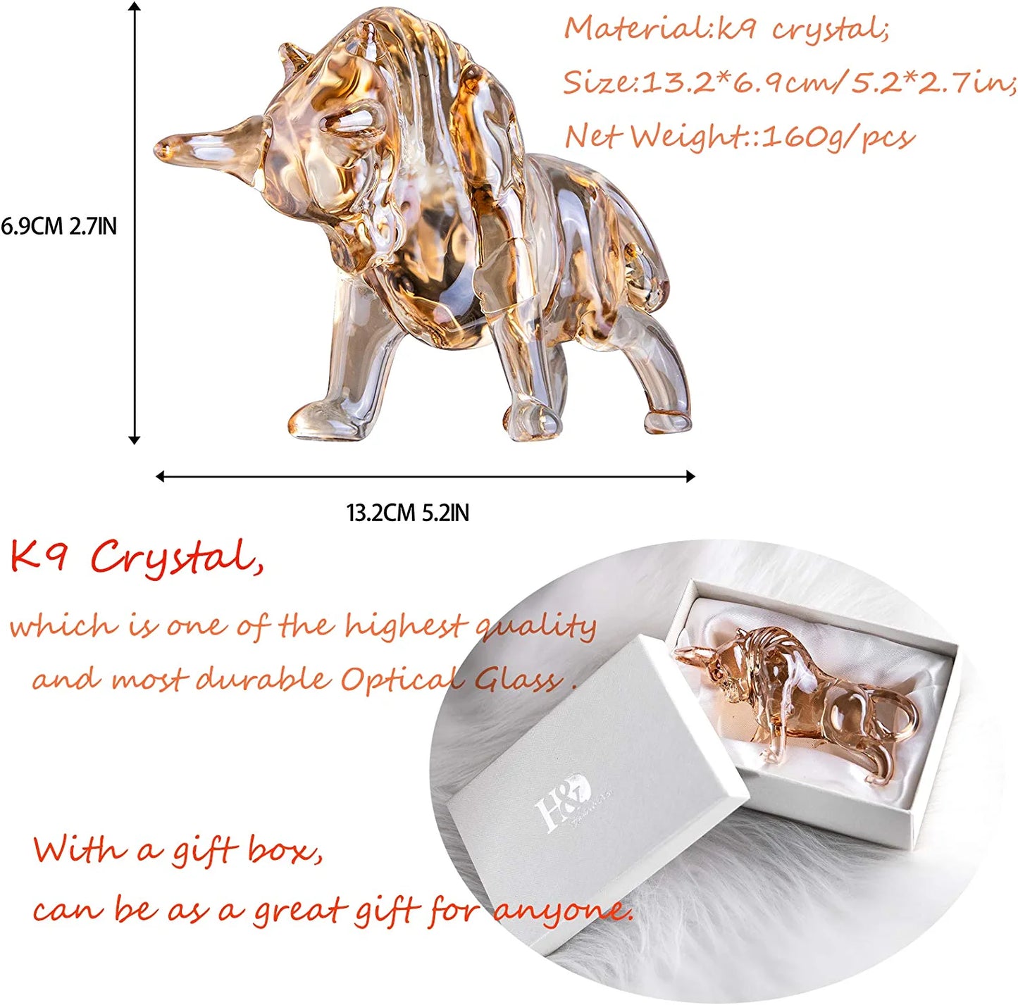 Charm and Lucky Fengshui Crystal Statues Wall Street Bull Figurine Sculpture Home Office Desk Decorative Ornament