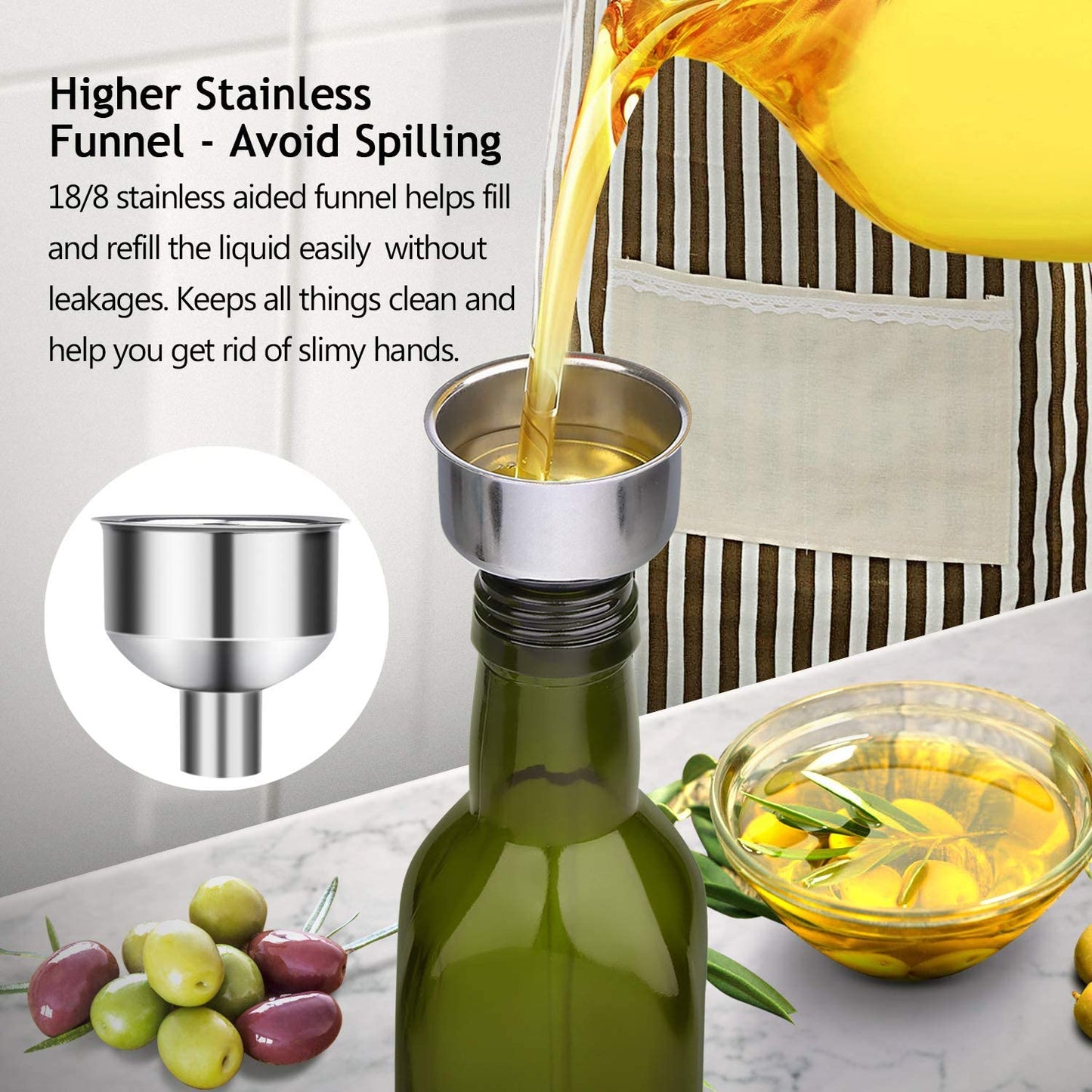 17Oz Glass Olive Oil Bottle Dispenser - 500Ml Green Oil and Vinegar Cruet with Pourers and Funnel - Olive Oil Carafe Decanter for Kitchen