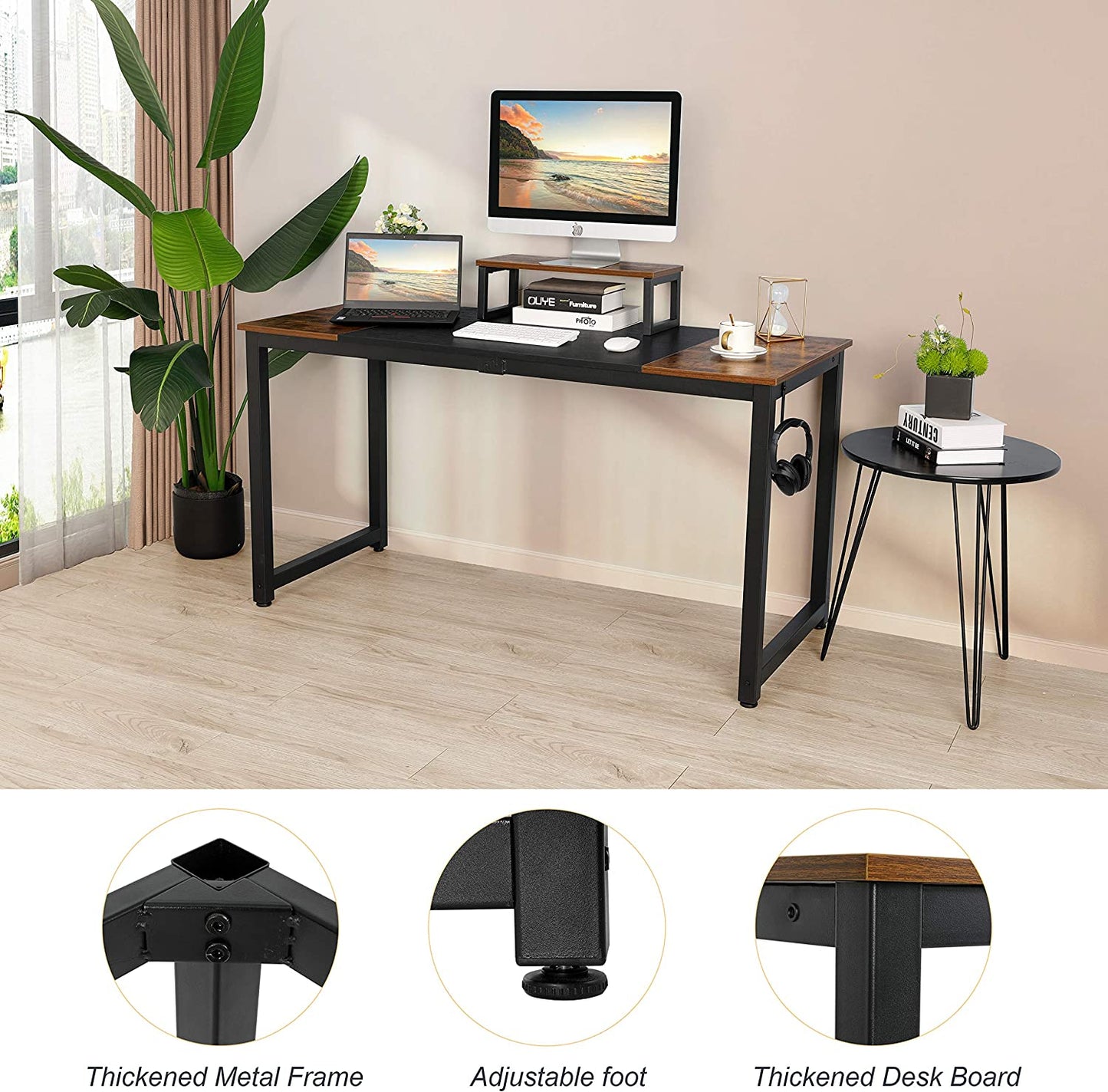 55 Inch Computer Desk, Home Office Desk, Large Writing Study Table with Splice Board, Morden Laptop Table with Monitor Stand, Headphone Hook, Extra Strong Legs (Black + Rustic Brown)
