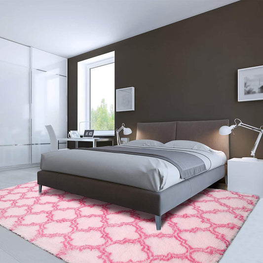 Luxury Shag Area Rug Modern Indoor Plush Fluffy Rugs, Extra Soft and Comfy Carpet, Geometric Moroccan Rugs for Bedroom Living Room Girls Kids Nursery, 5X8 Feet Pink/Hot Pink