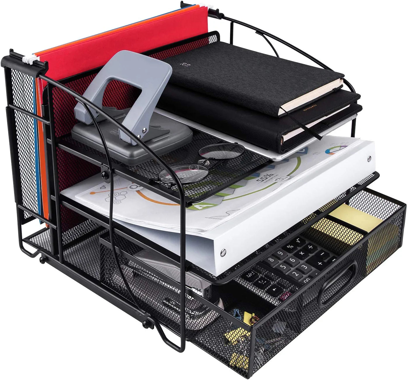 Desk Organizer 3 Tray W/Sliding Drawer and Hanging File Holder, Black