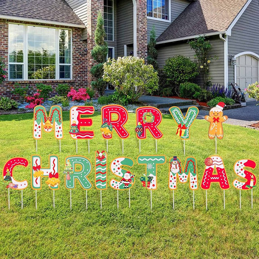 Homify Christmas Outside Decorations for Yard with Light String - 15 Pack Xmas Letters Yard Sign Large Yard Stakes Decor- Holiday Outdoor Signs for Home Lawn Pathway Walkway