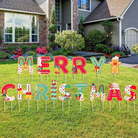 Homify Christmas Outside Decorations for Yard with Light String - 15 Pack Xmas Letters Yard Sign Large Yard Stakes Decor- Holiday Outdoor Signs for Home Lawn Pathway Walkway