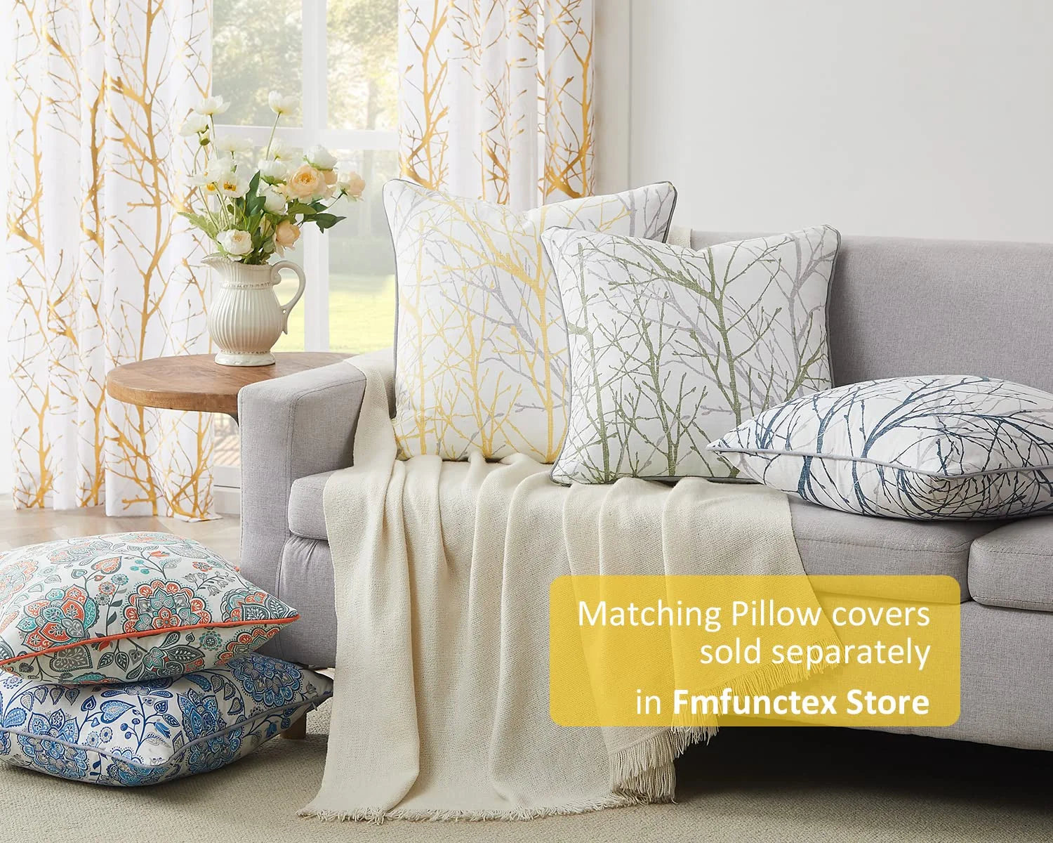 White Tree Curtains for Bedroom 84Inch Half-Blackout Yellow Grey Print Branch Curtains for Living Room Window Treatment Set 50”W Grommet Top Set of 2