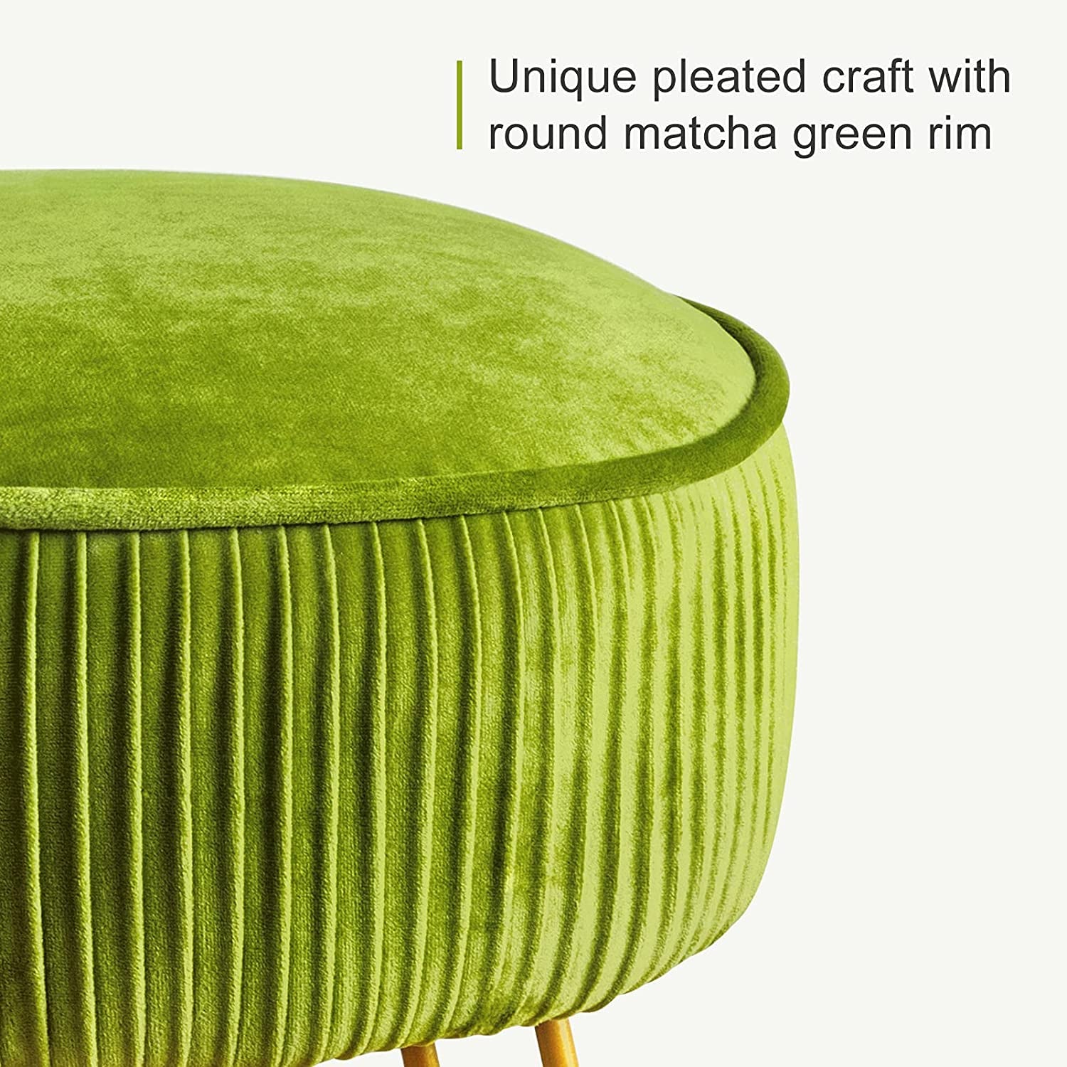 Mid Century Modern Velvet Upholstered Pleated round Footrest Stool Ottoman with Metal Legs, Home Multifunctional Luxury Ottoman Suitable for Living Room and Bedroom