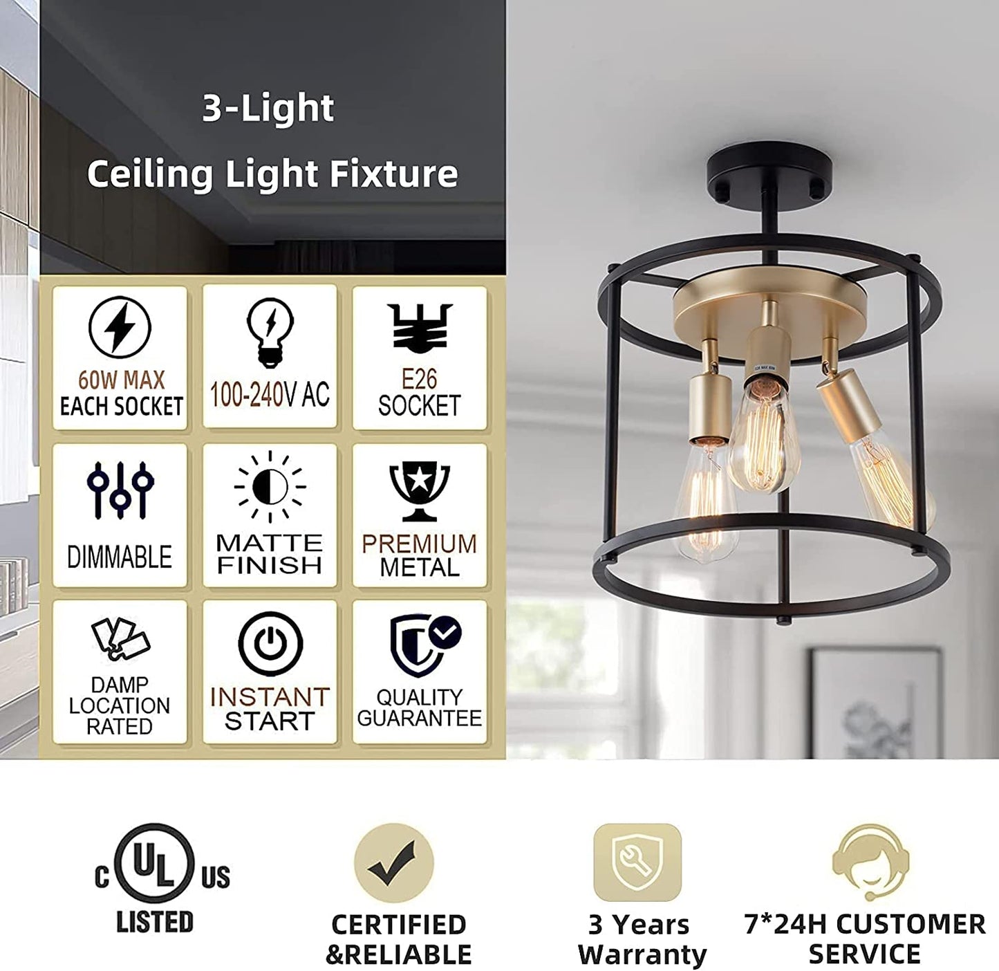 Industrial Semi Flush Mount Ceiling Light Fixture, 3-Light Farmhouse Vintage Black Ceiling Lamp with Adjustable Socket, Rustic Chandelier Metal Cage Shade for Kitchen Hallway Entryway Passway Bedroom