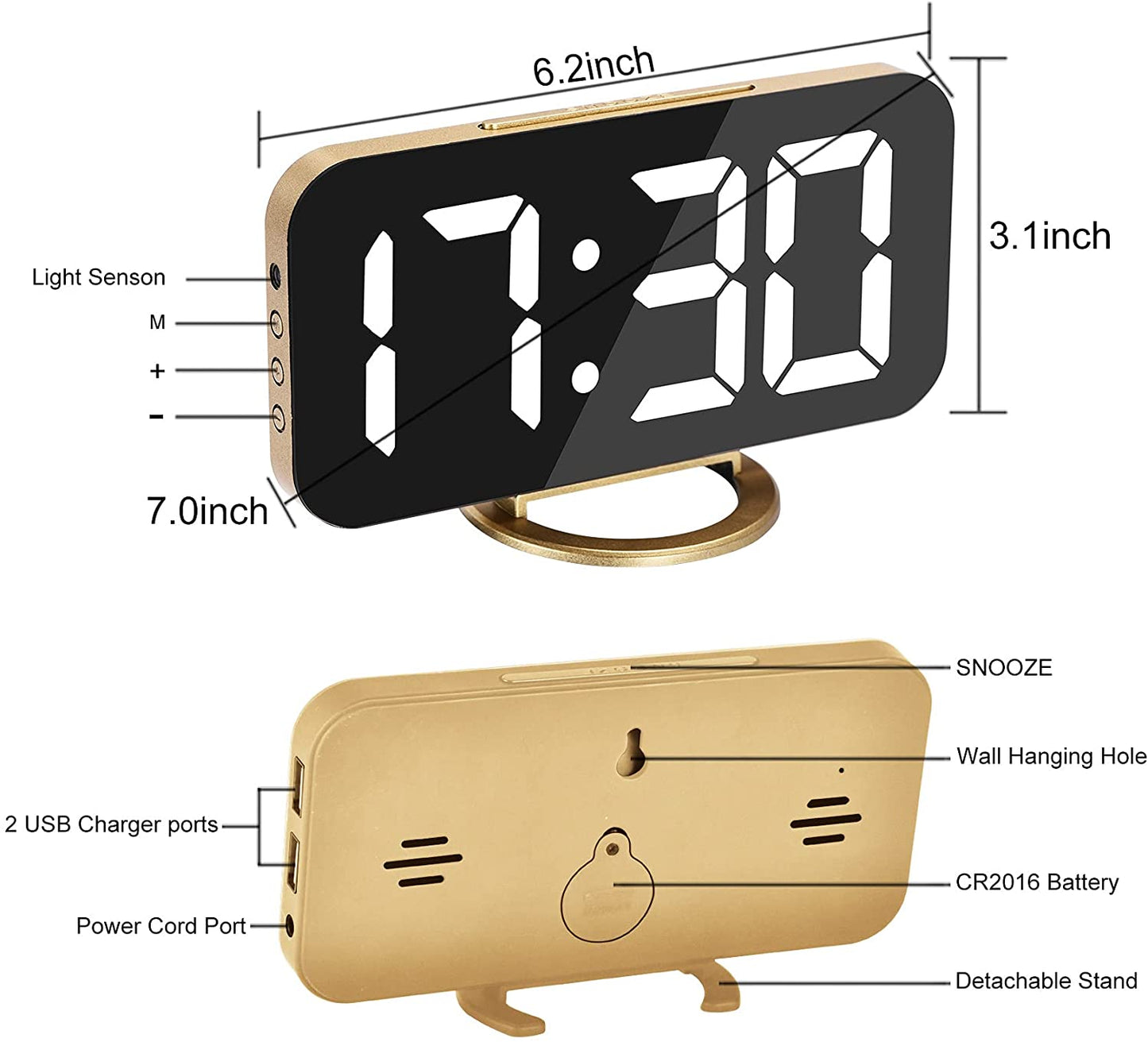 Digital Alarm Clock,7 in LED Mirrored Clocks Large Display,With 2 USB Charger Ports,Auto Dim,Night Mode,Modern Desktop Electronic Clocks for Bedroom Home Office Decor - Gold