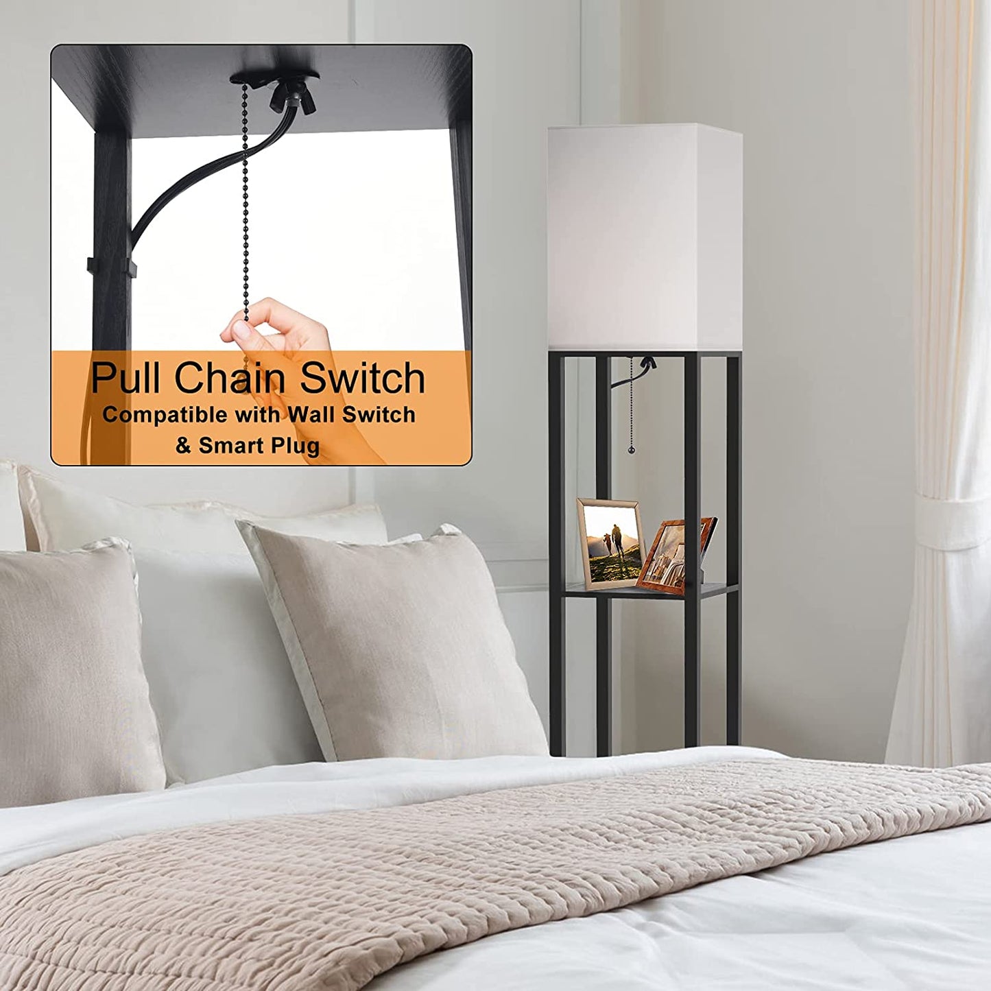 Column Floor Lamp with Shelves, Modern Shelf Floor Lamp with 9W LED Bulb, 3 Tier Storage Display Standing Reading Lamp Narrow Corner Nightstand Light for Bedroom Living Room, Black