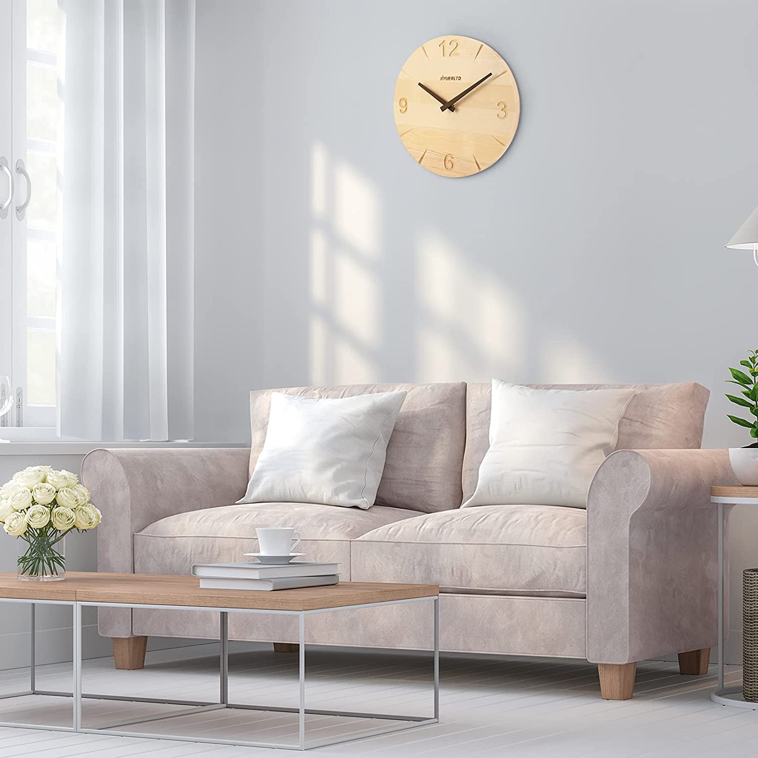 JIYUERLTD 12”Wall Clock Solid Wood Noiseless Clock Desk Clocks Modern Art Wall Decorative for Bedroom Living Room Kitchen Office and Hotel