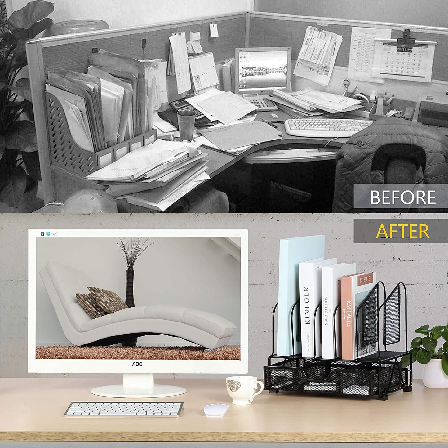 Desk Organizers and Accessories Storage with Drawer, Paper Tray and 5 Vertical File Folder Holders to Collect Office Supplies, Desktop Organizer for Workspace Home Office School, Black