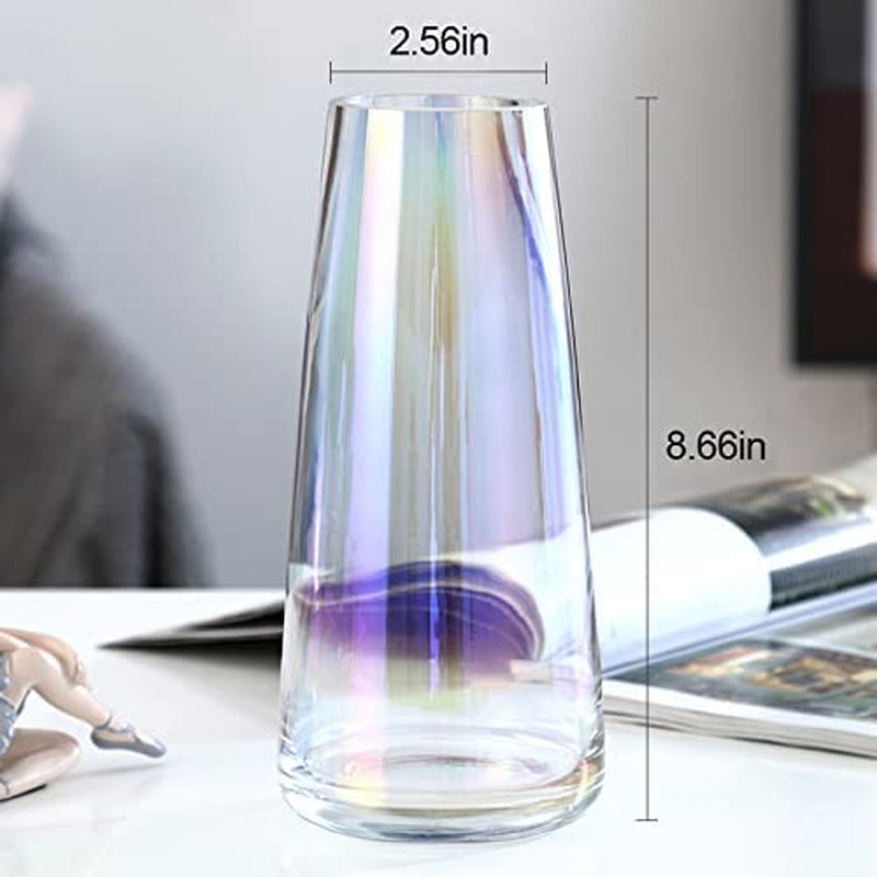 Flower Glass Vase for Decor Home Handmade Modern Large Flower Vases for Centerpieces Living Room Kitchen Office Wedding 8.7 Inch ( Iridescent Clear )