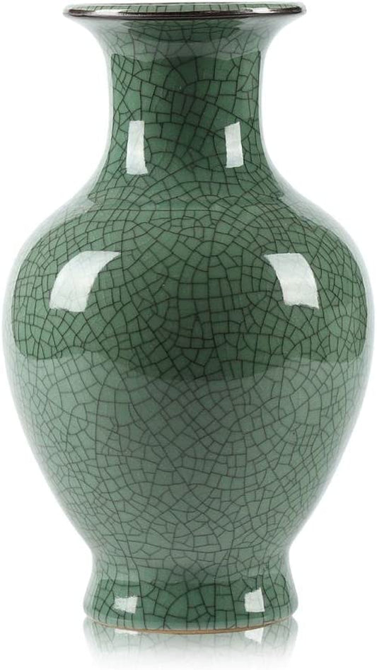 Chinese Ceramic Art Handmade Antique Ice Crack Glaze Vases Big China Porcelain Flower Bottle Vase for Home Decoration(Green)