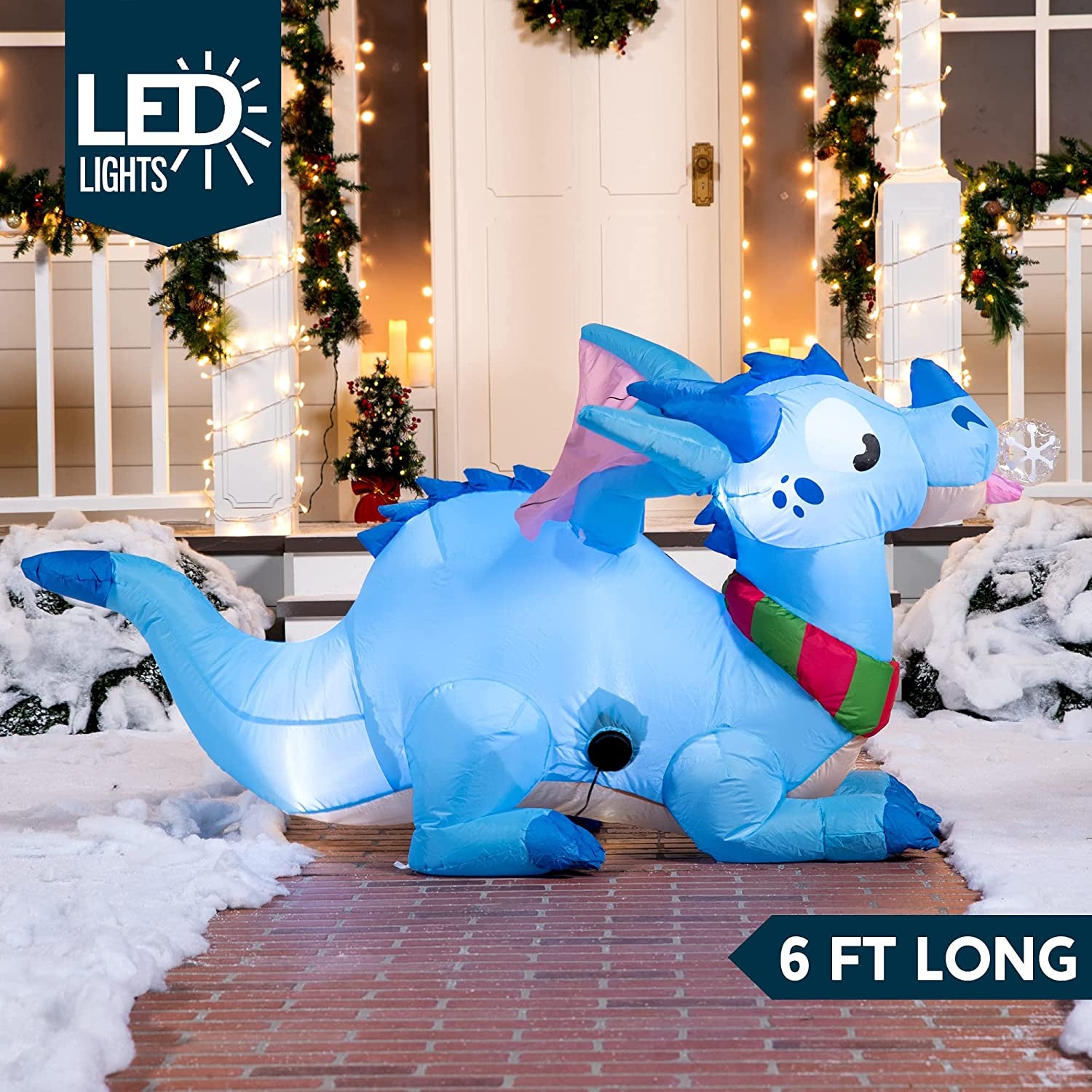 6 FT Long Christmas Inflatable Dragon, Blow up Lighted Inflatables Blue Dragon with Snowflake for Christmas Party Indoor, Outdoor, Yard, Garden, Lawn Winter Decorations