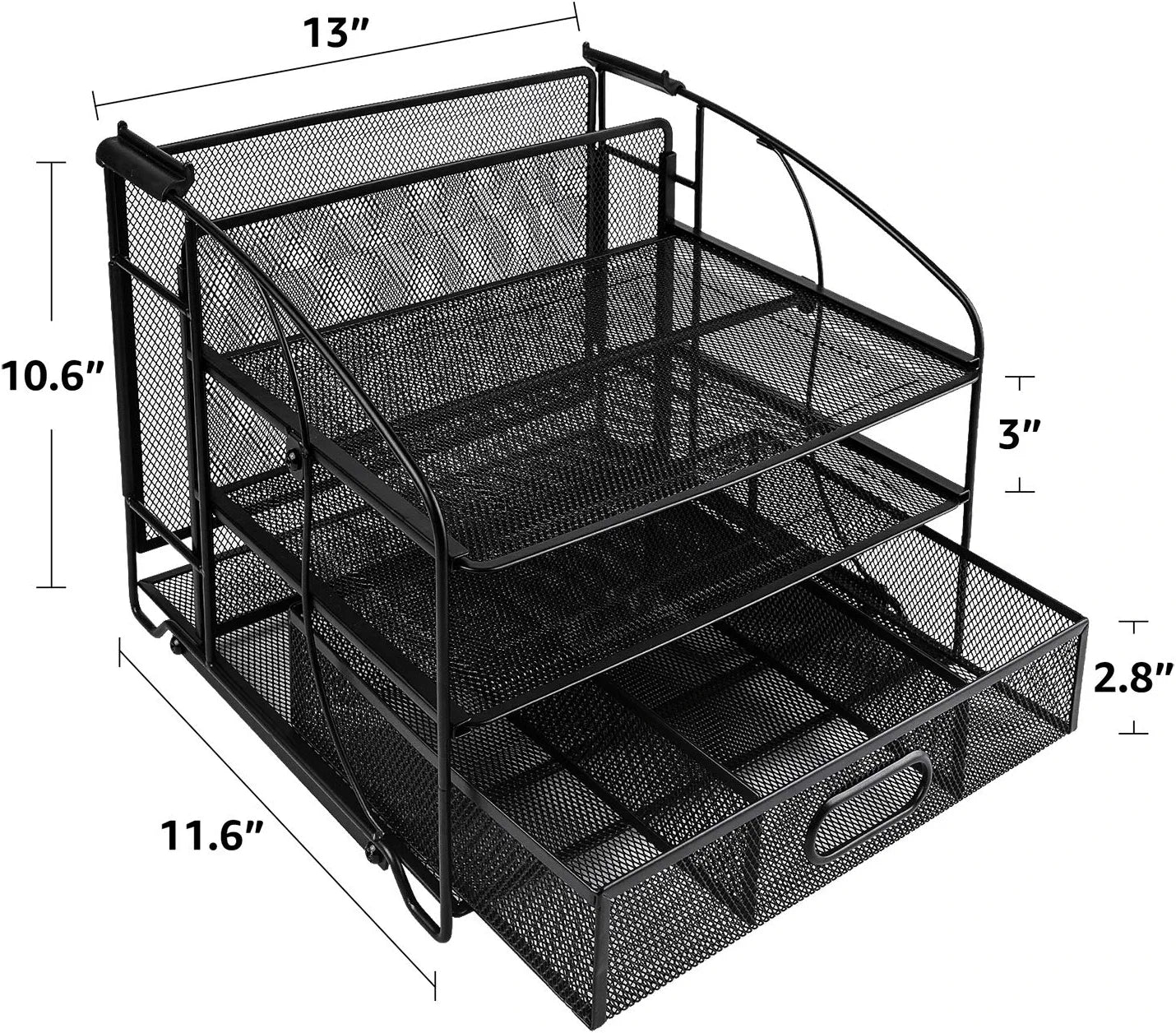 Desk Organizer 3 Tray W/Sliding Drawer and Hanging File Holder, Black