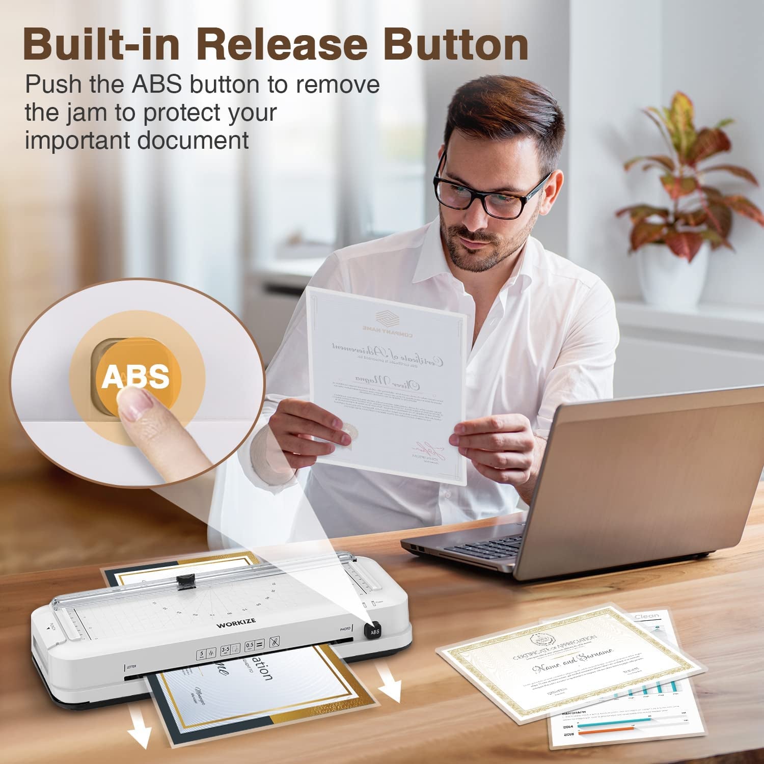 Laminator Machine with Laminating Sheets 20 Pouches,  9-Inch Thermal Laminator, Personal 5-In-1 A4 Desktop Laminating Machine Built-In Paper Trimmer Hole Puncher and Corner Rounder