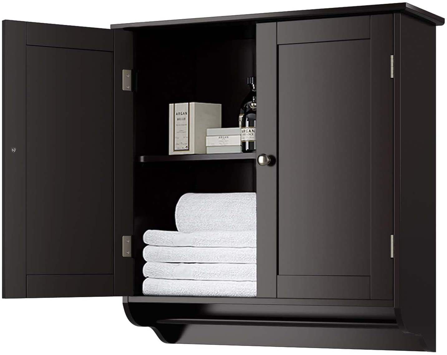 Bathroom Wall Cabinet, over the Toilet Space Saver Storage Cabinet, Medicine Cabinet with 2 Doors Cupboard with Adjustable Shelf and Towels Bar, Dark Brown