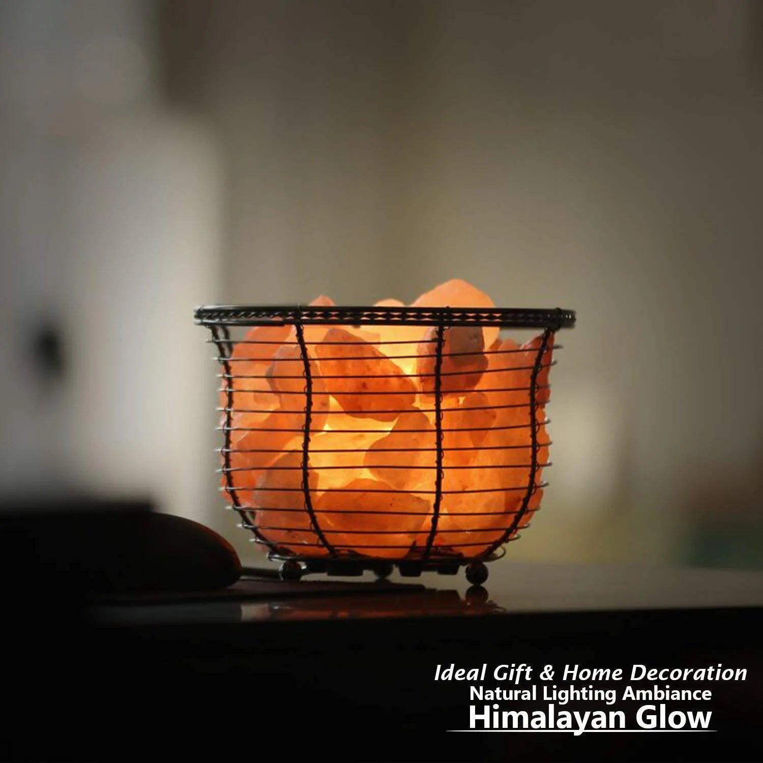 Natural Himalayan Salt Lamp, Tall round Metal Basket Lamp with Dimmer Switch | 8-10 Lbs