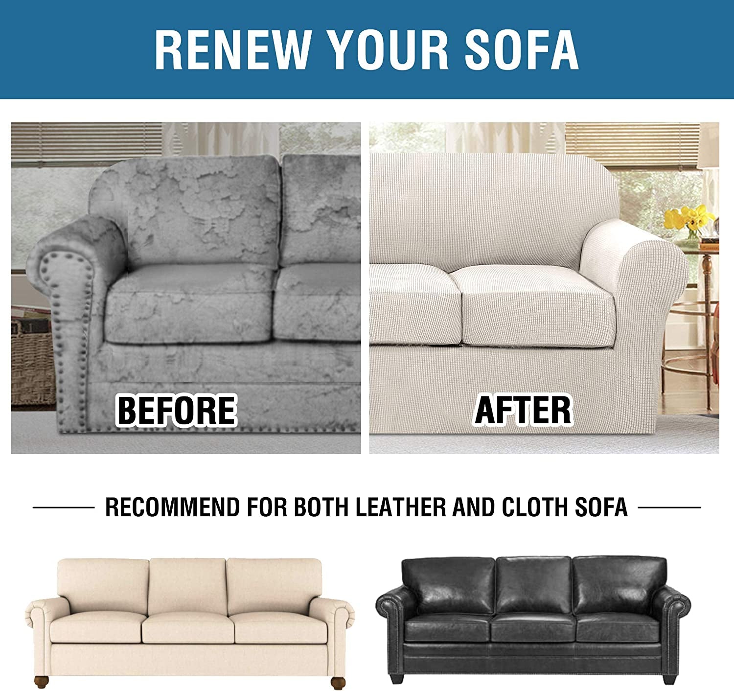 4 Piece Stretch Sofa Covers for 3 Cushion Couch Covers for Living Room Furniture Slipcovers (Base Cover plus 3 Seat Cushion Covers) Upgraded Thicker Jacquard Fabric (Sofa, Ivory)