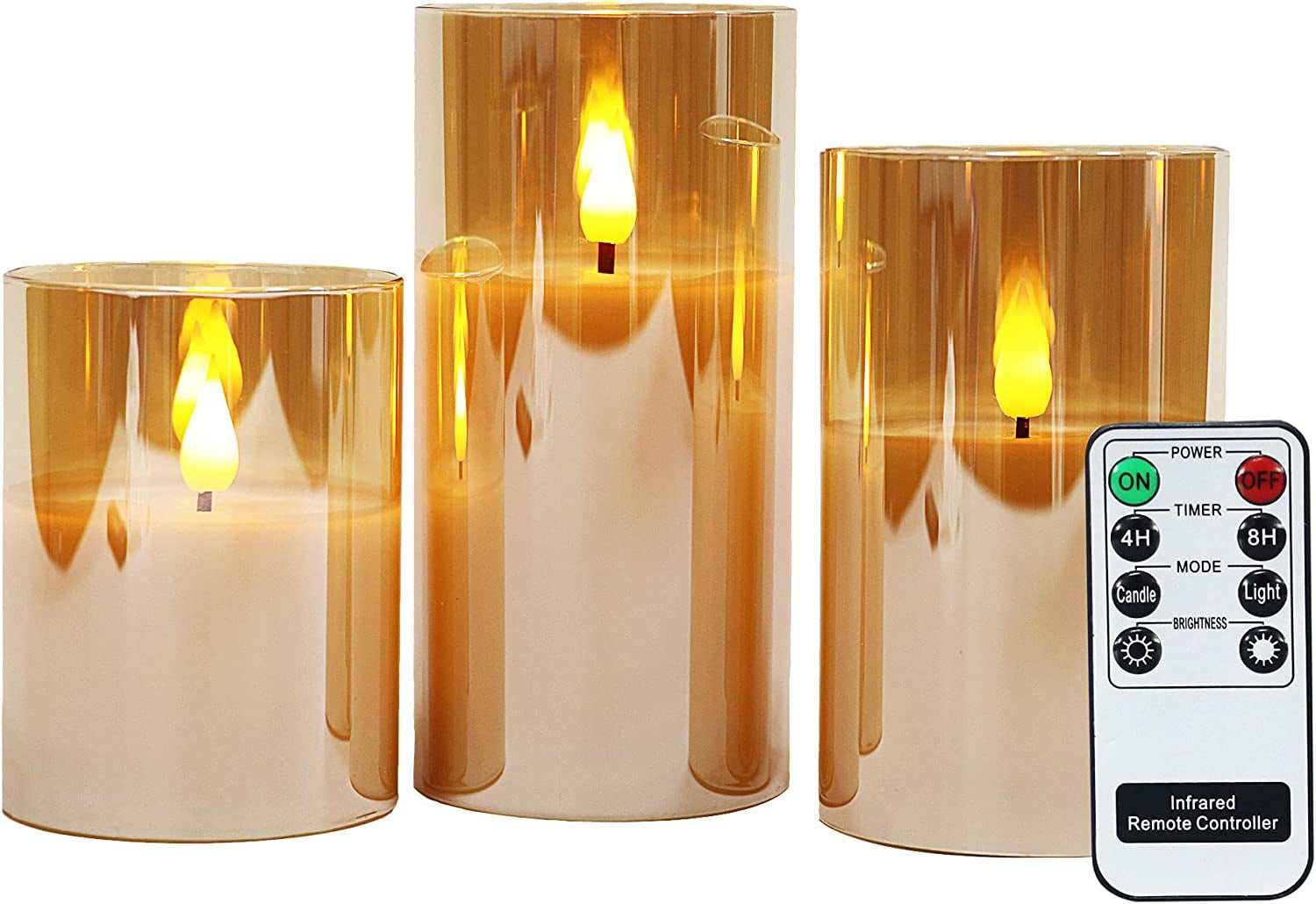 Gold Glass Battery Operated Candles with Remote, Flameless LED Candle Gift Set, Warm White Light, Batteries Included - Set of 3