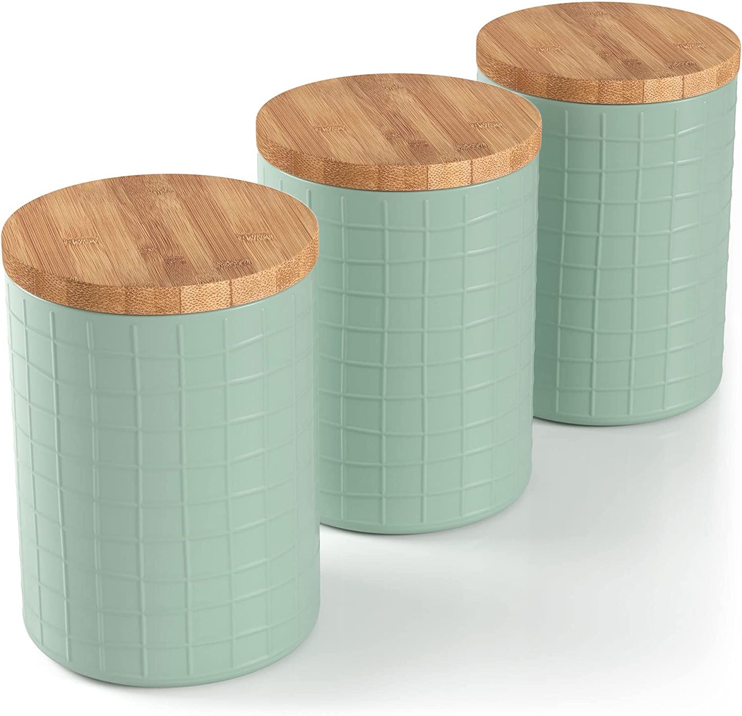 Kitchen Canisters with Bamboo Lids, Airtight Metal Canister Set, Coffee, Sugar, Tea, Flour Storage Containers, Farmhouse Kitchen Decor, Mint, 5.25” X 6.75”, Set of 3