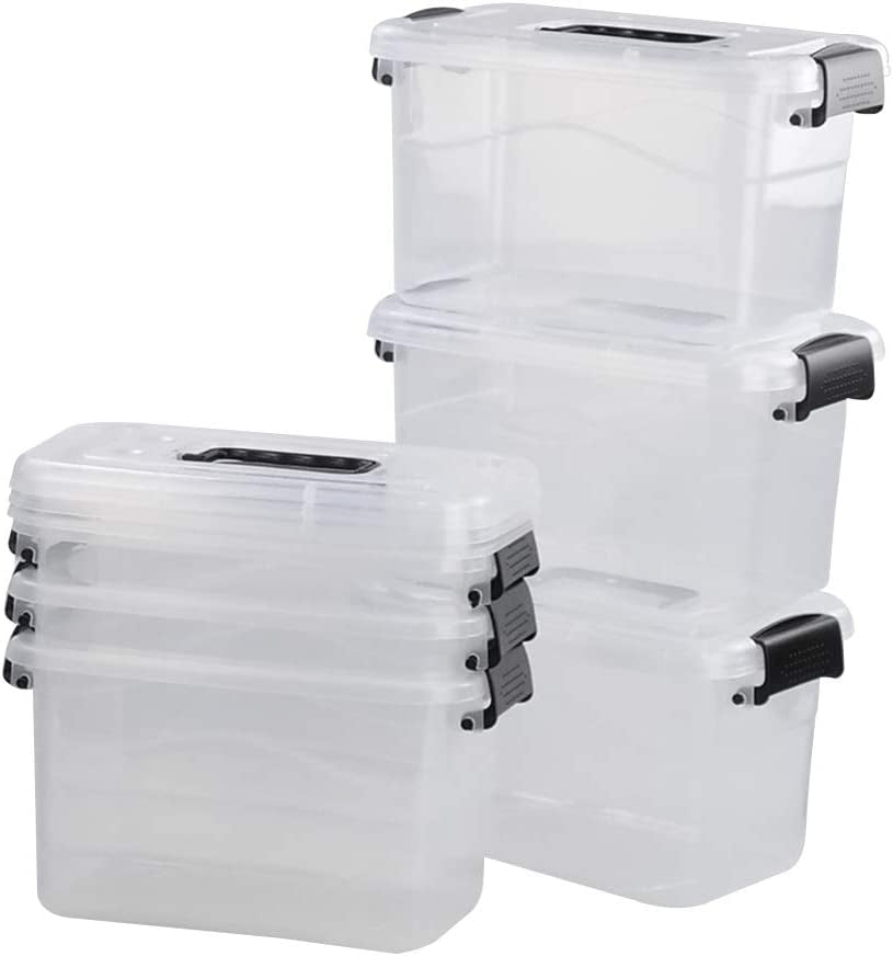 5 L Plastic Storage Bin with Lid, Clear Transparent Box with Black Handles Set of 6