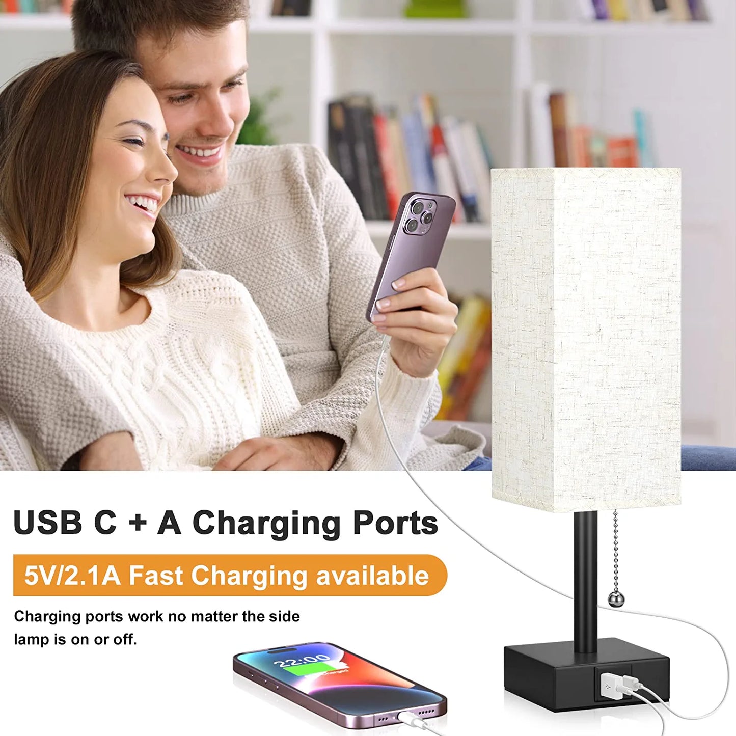 Bedside Table Lamp with 3 Levels Brightness - 2700/3500/5000K Small Lamp with USB C+A Ports, Nightstand Lamp with 3 Color Modes by Pull Chain, Bedroom Lamp for Living Read Work(Led Bulb Included)