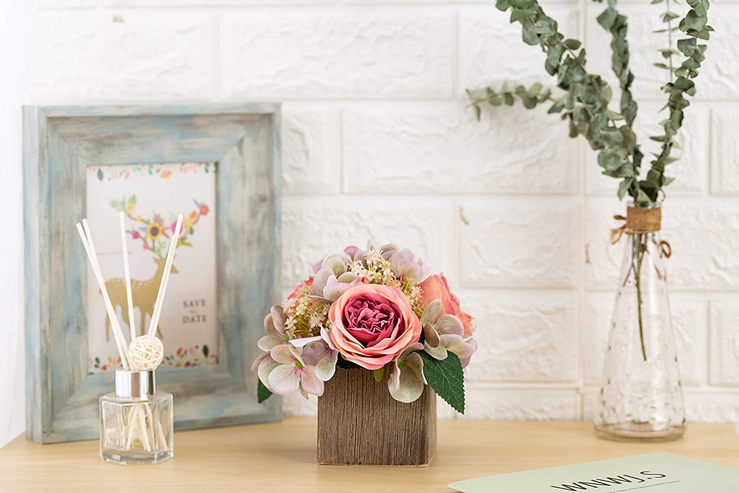 Queen BEE Artificial Silk Flowers in Vase. Fake Pink Roses 3 Heads and Hydrangeas with Ceramic Vase for Home, Wedding, Bathroom Decor. Nightstand Decoration. Home Accent, Small 7" (Pink Rose)
