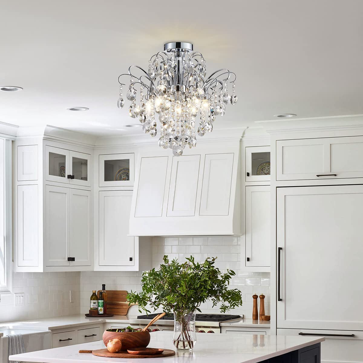 Crystal Chandelier Flushmount Ceiling Light Modern Lighting Fixture for Bedroom Hallway Bar Kitchen Bathroom, H 17.5'' X W 19.3'', E12 Base, Chrome