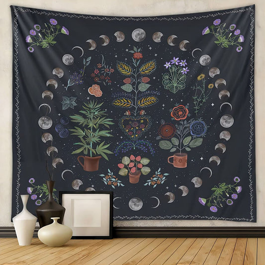 Plant Tapestry, Nature Moon Phase Tapestry Wall Hanging, Bohemian Mandala Tapestry Aesthetic Bedroom Decor, Botanical Tapestries Suitable for Bedroom Home Dorm---50" X 60"