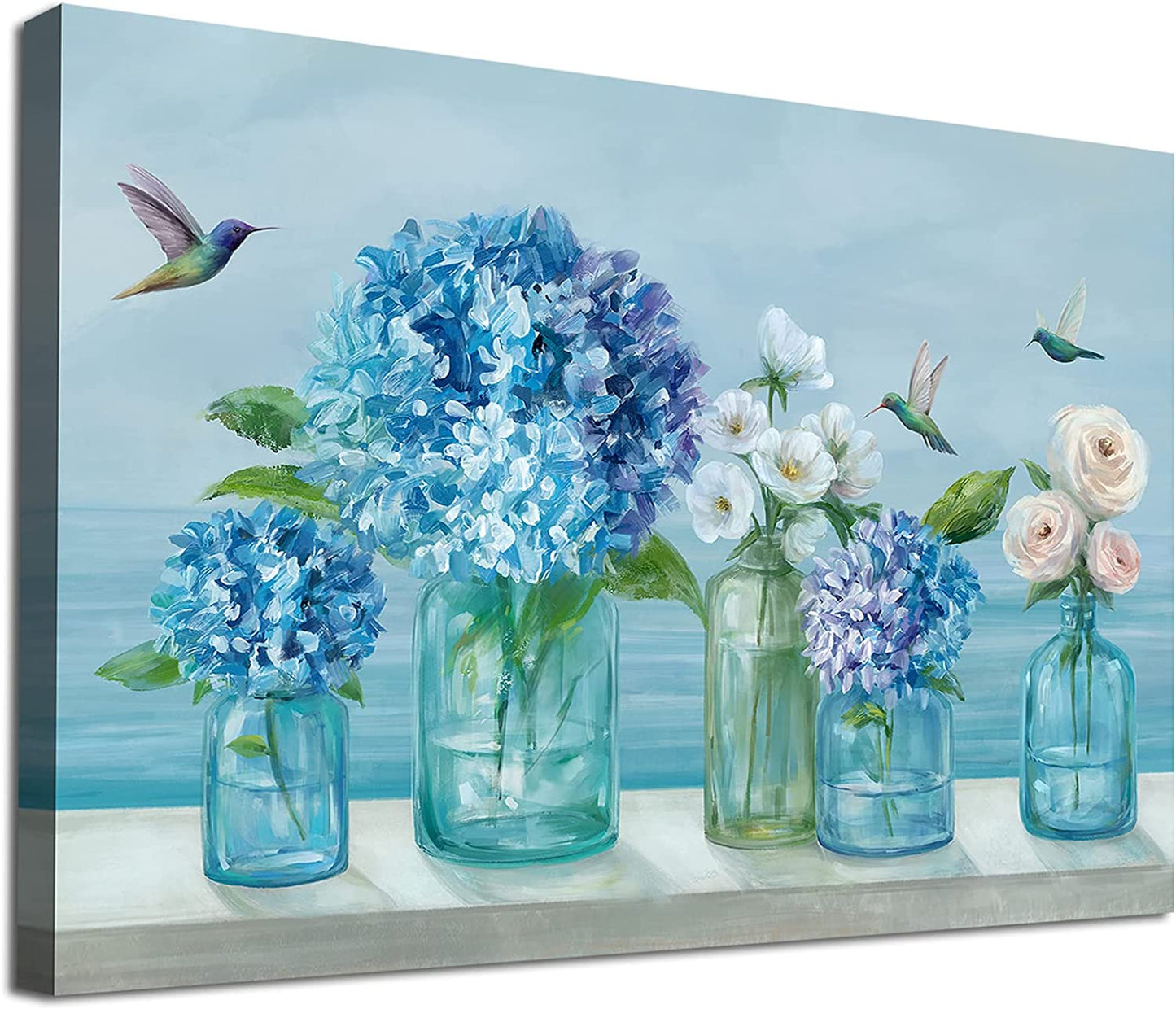 Flowers Canvas Wall Art White Floral Canvas Pictures Rose Hydrangea in Jar Wall Decor Bird Print Blue Painting Contemporary Artwork Living Room Bedroom Kitchen Home Decor 12"X 16"