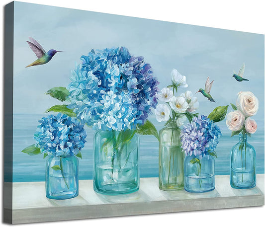 Flowers Canvas Wall Art White Floral Canvas Pictures Rose Hydrangea in Jar Wall Decor Bird Print Blue Painting Contemporary Artwork Living Room Bedroom Kitchen Home Decor 12"X 16"