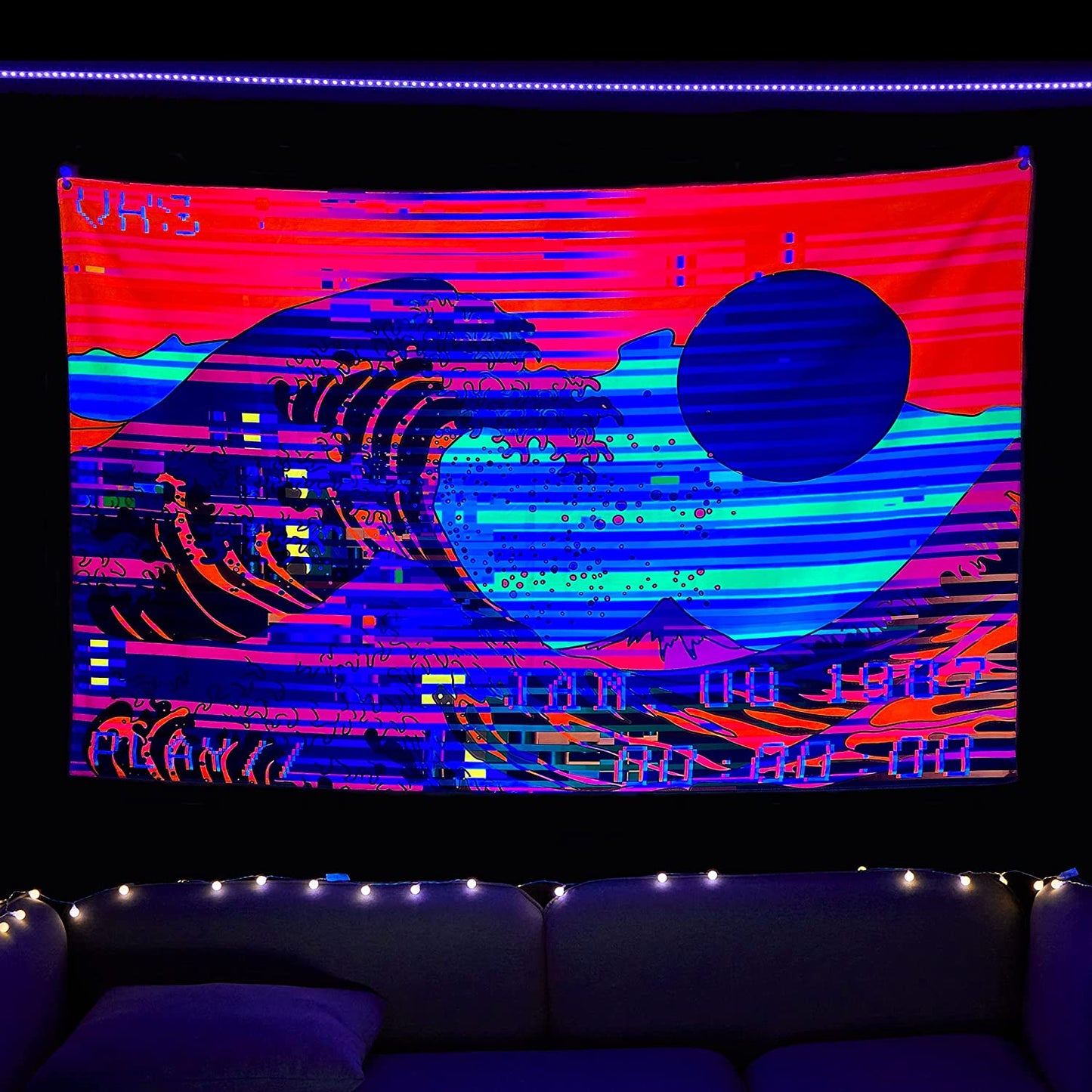 Blacklight Tapestry UV Reactive Trippy Neon the Great Wave Game Retro Vaporwave Tapestry Black Light Room Decor Glow in the Dark Tapestry for Bedroom Aesthetic Gaming Room Dorm Y2K Indie Room Décor