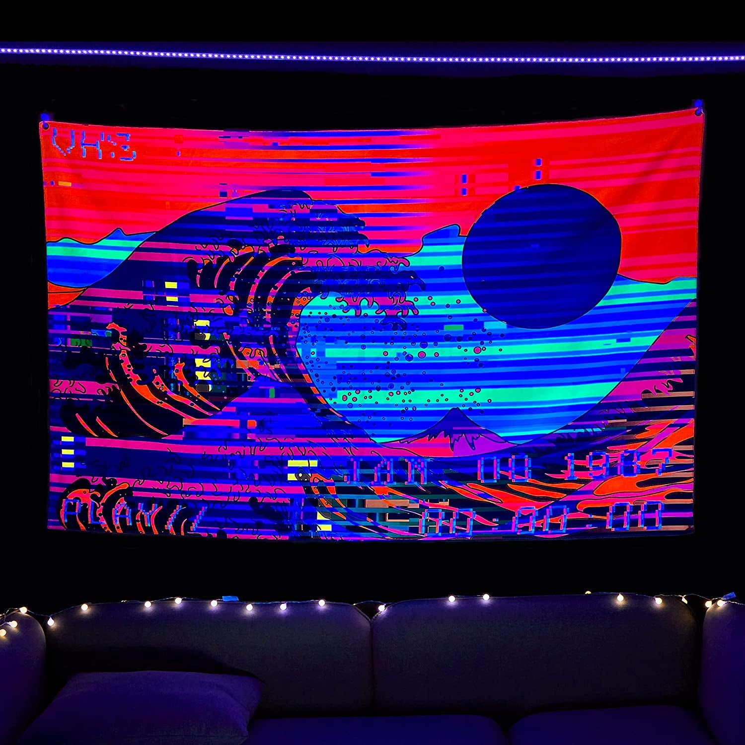 Blacklight Tapestry UV Reactive Trippy Neon the Great Wave Game Retro Vaporwave Tapestry Black Light Room Decor Glow in the Dark Tapestry for Bedroom Aesthetic Gaming Room Dorm Y2K Indie Room Décor