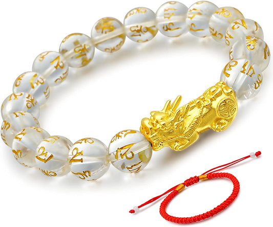 10Mm Multi-Colored Crystal Bead Lucky Bracelets Feng Shui Black Obsidian Wealth Bracelet Pixiu Black Mantra Bead Protection Bracelet for Women (4.Clear)
