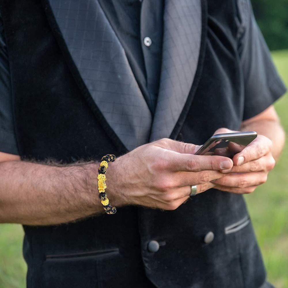 4 Pcs Feng Shui Black Obsidian Wealth Bracelet for Men Women Good Luck Charms Bead Bracelets Attract Wealth Money Adjustable Mens Pixiu Bracelet Set