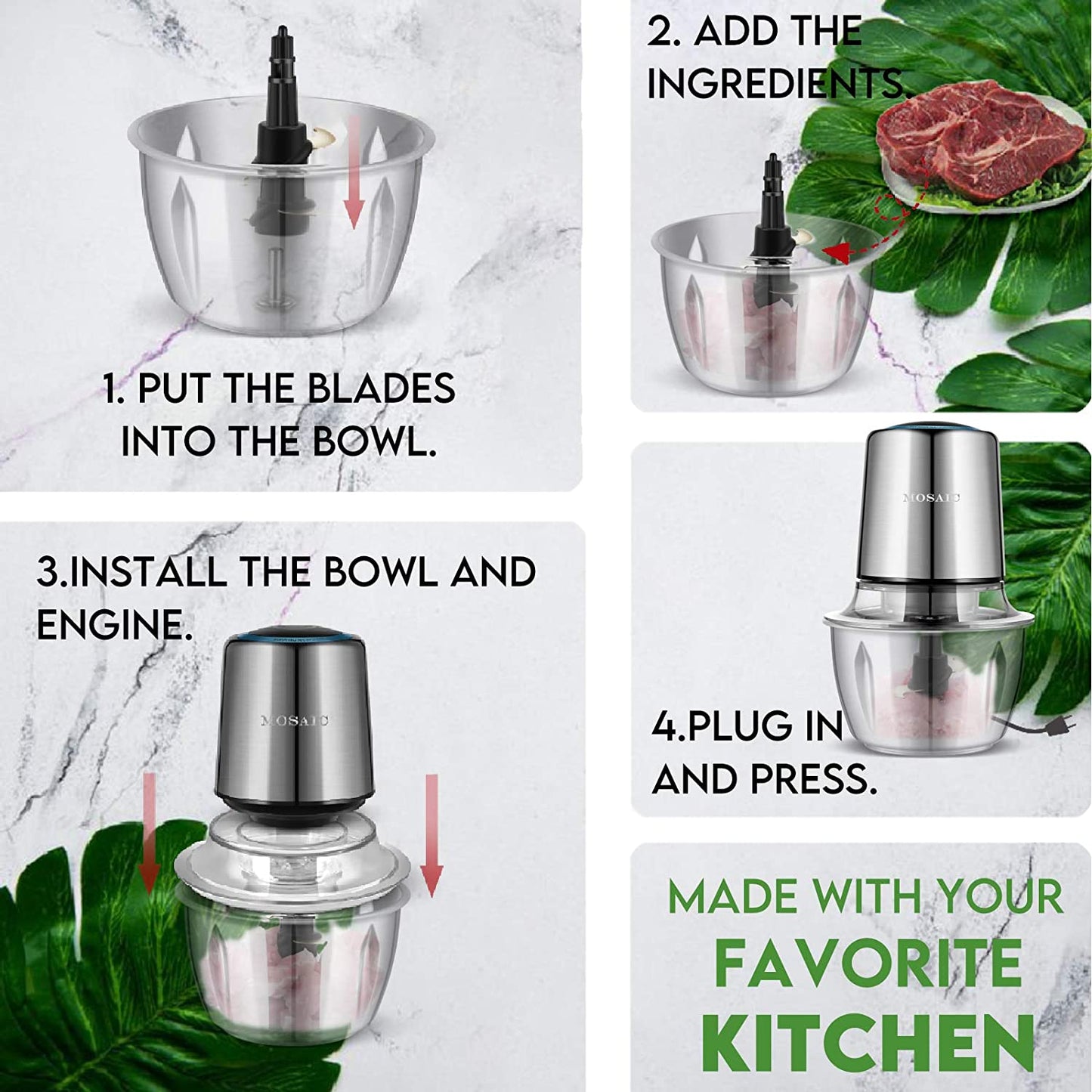 Electric Food Chopper,  Small Food Processor with Garlic Peeler and 4 Titanium Coating Blades, 5 Cup Stainless Steel Bowl for Fruit Vegetable Nuts Onion Meat Salad Chopper
