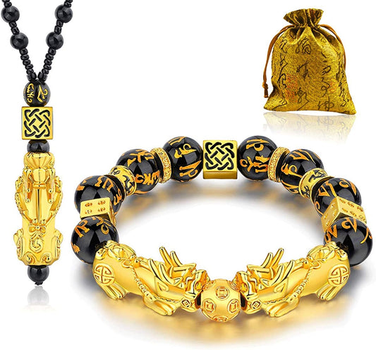 Feng Shui Black Obsidian Wealth Bracelet Necklace Pi Xiu Set，Feng Shui Bracelet for Women Men，Pi Xiu Good Luck Necklace Feng Shui Bracelet