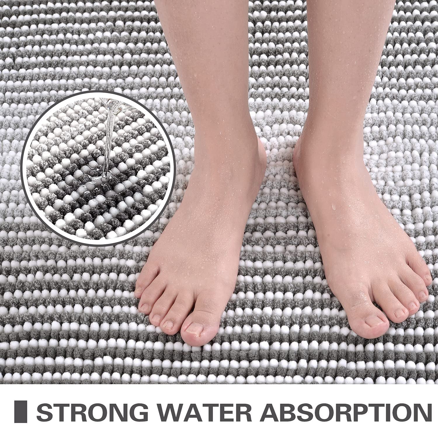 Bathroom Rugs and Mats Sets, 2 Piece Thick Absorbent Chenille Bath Mat Rug Set Non Slip, Soft Shaggy Bath Room Floor Mats for Bathroom, Machine Washable (20" X 47" plus 16" X 24", Gray)