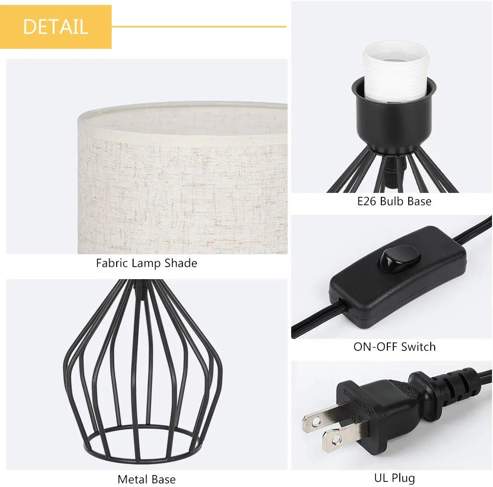 Modern Farmhouse Lamps - Black Metal Table Lamps with Hollowed Out Base , Bedside Lamps Set of 2 with Linen Fabric Lampshade for Bedrooms, Living Room
