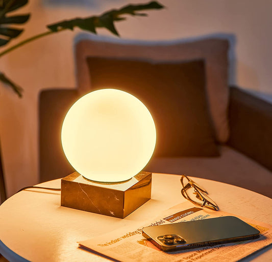 Modern Industrial Table Lamp, Unique Bedside Nightstand Desk Lamp with Glass Shade and Marble Base for Bedroom, Living Room, Office Study, Decoration (Include Bulb G45)