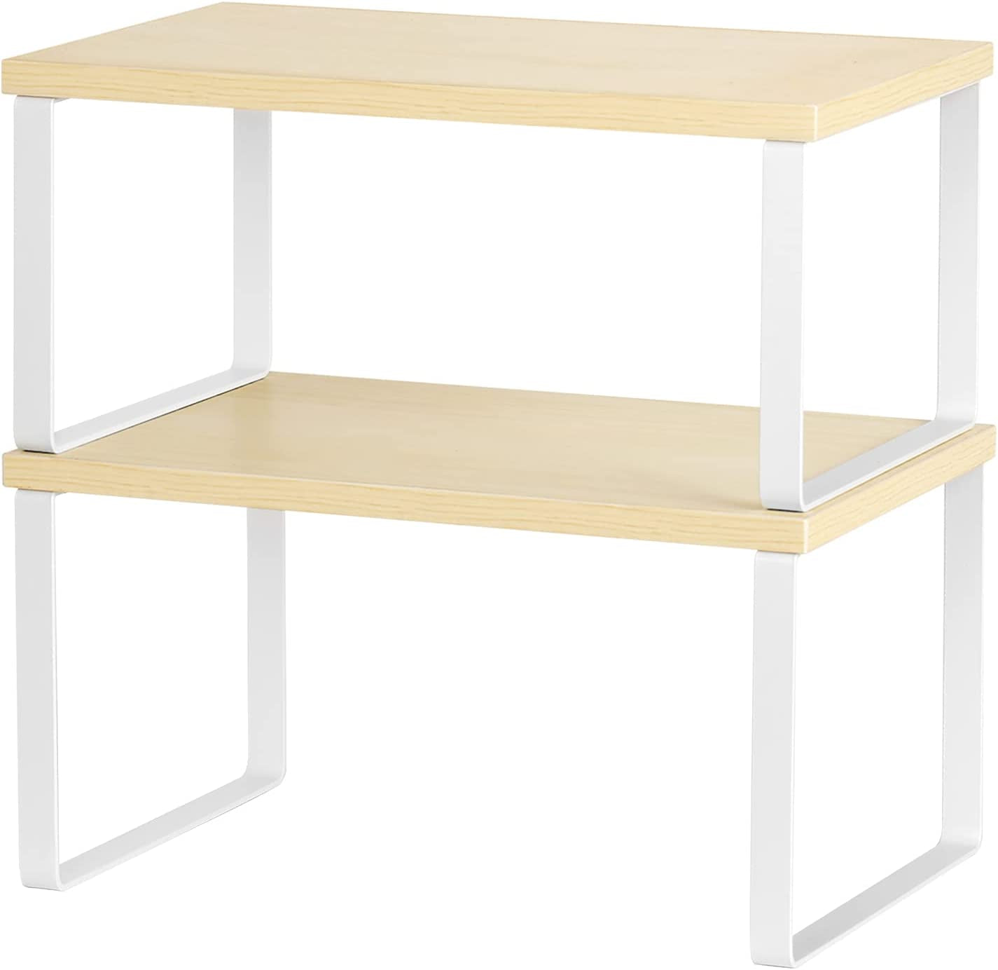 Set of 2 Cabinet Kitchen Shelves Stackable Countertop Shelf and Expandable Wood Cabinet Organizer Shelves for Bathroom Study Room, White