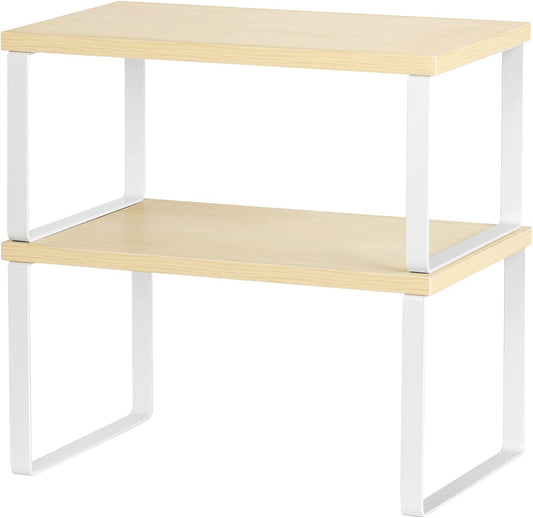 Set of 2 Cabinet Kitchen Shelves Stackable Countertop Shelf and Expandable Wood Cabinet Organizer Shelves for Bathroom Study Room, White